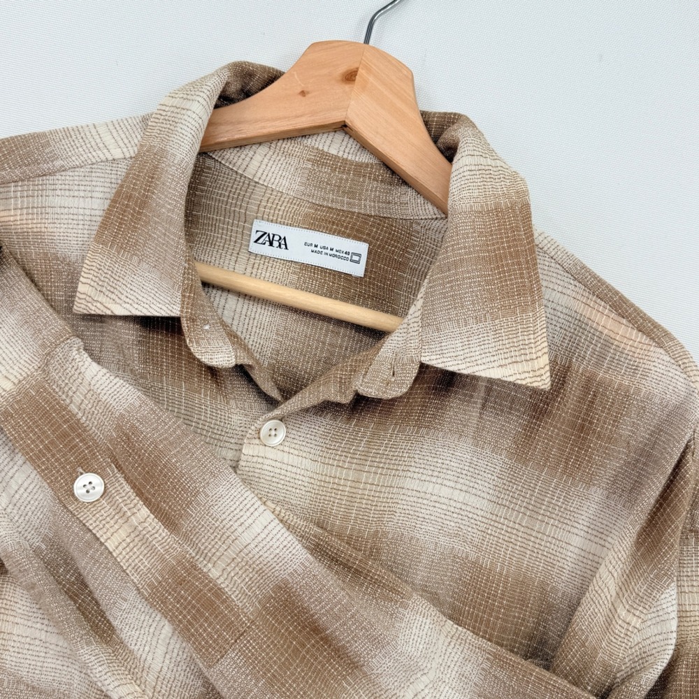 Zara Plaid Button Down Shirt Womens Medium Tan Oversized Coastal Cottagecore